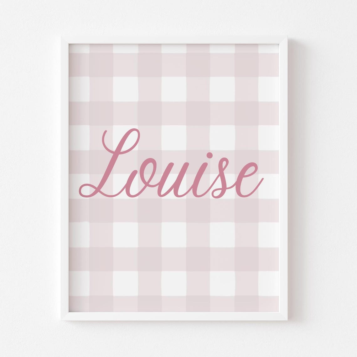 Louise Pink Gingham Nursery Name Art Print Script Font Wall Decor