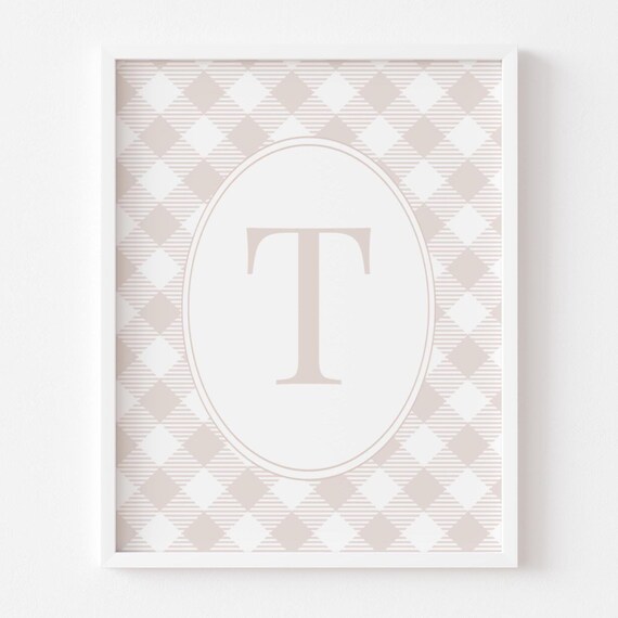 Beige Bedroom Decor Boys Initial Above Crib Wall Art Brown Gingham Modern Nursery Custom Inexpensive Toddler Gift