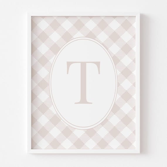 Personalized Brown Gingham Nursery Initial Letter Baby Wall Art