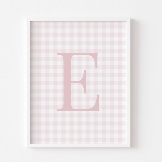 Personalized Nursery Decor Newborn Baby Girl Initial Pink Gingham Wall Art Trendy Shower Display Sisters Playroom Poster Childs Name