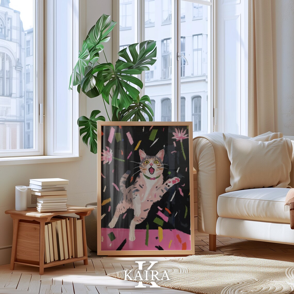 Joyful Tabby Kitten Leaping Through Confetti And Flowers Party Art Poster - Image 5