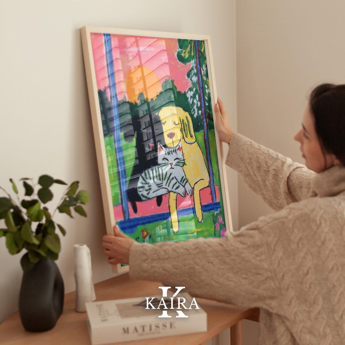 Two Dogs and a Tabby Cat Sitting Together on a Swing at Sunset Poster - Image 2