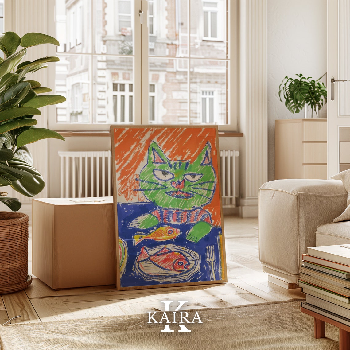 Grumpy Green Cat With Fish Dinner Funny Whimsical Cat Poster - Image 3