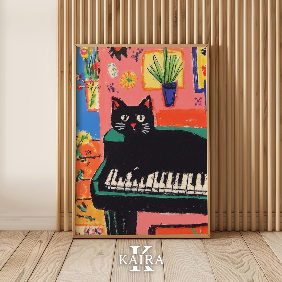 Black Cat Lounging Lazily Across Piano Keys in a Cozy Room Poster
