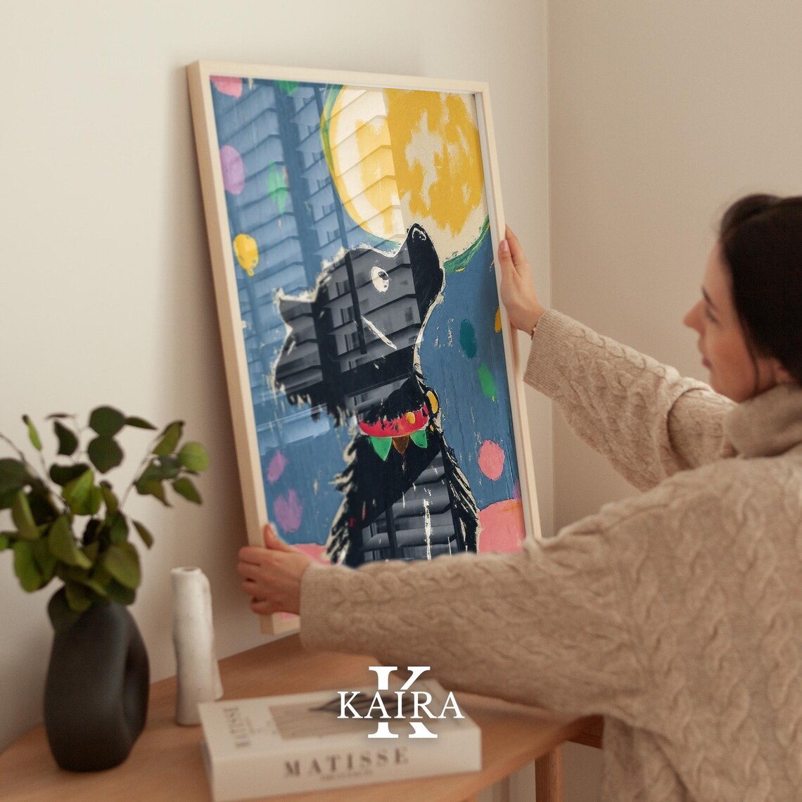Scruffy Black Dog With A Festive Collar Howling At The Yellow Moon Poster - Image 2