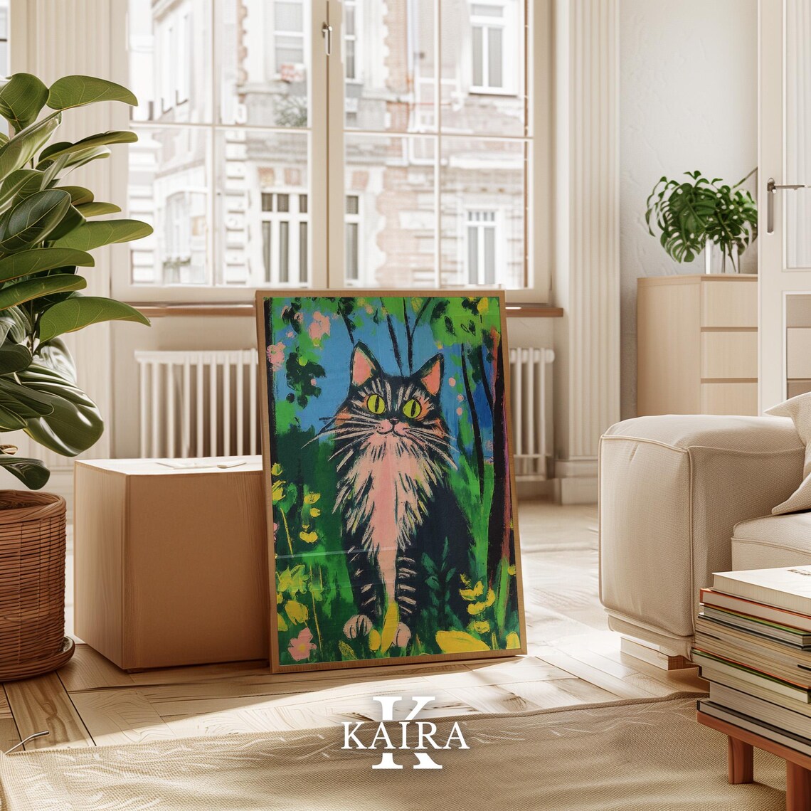 Green-Eyed Tabby Cat Sitting Proudly in a Lush Flower Garden Poster - Image 3