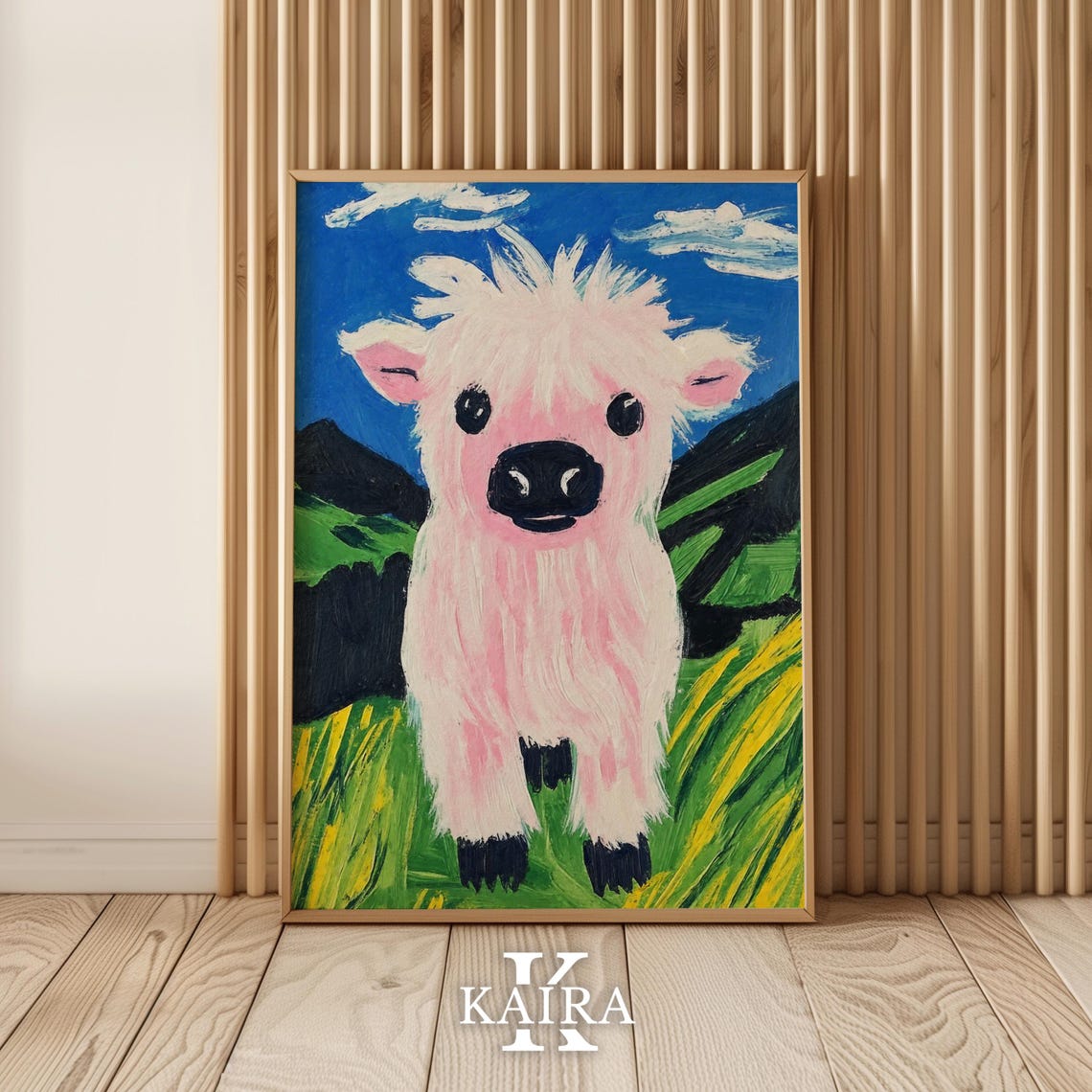 Fluffy Pink Highland Cow Calf in a Sunny Green Pasture Poster - Image 5
