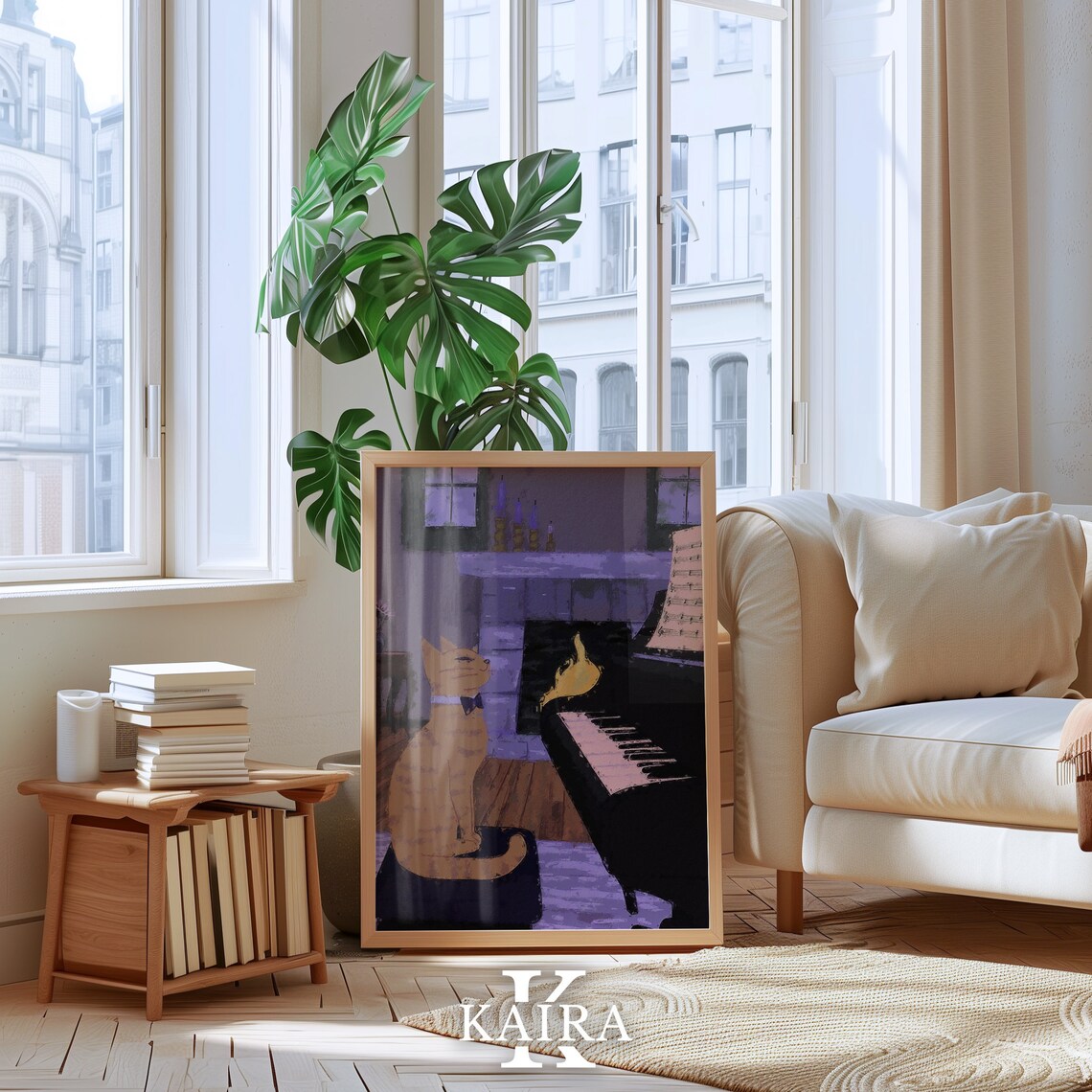 Ginger Cat In Bow Tie Playing Grand Piano By Fireplace Music Art Poster - Image 5