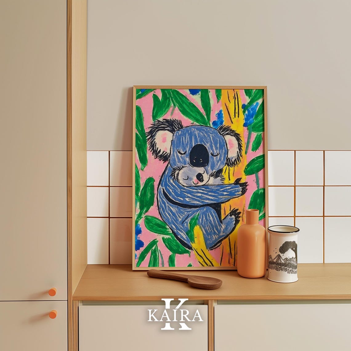 Blue Koala Mother Hugging Her Baby in a Flowering Tree Poster - Image 4