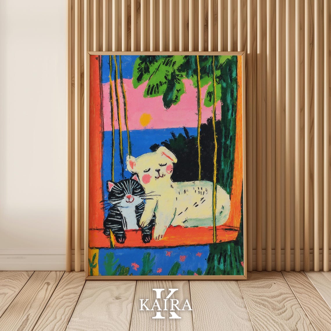 Cuddling Cat and Puppy on a Swing at a Seaside Sunset Poster
