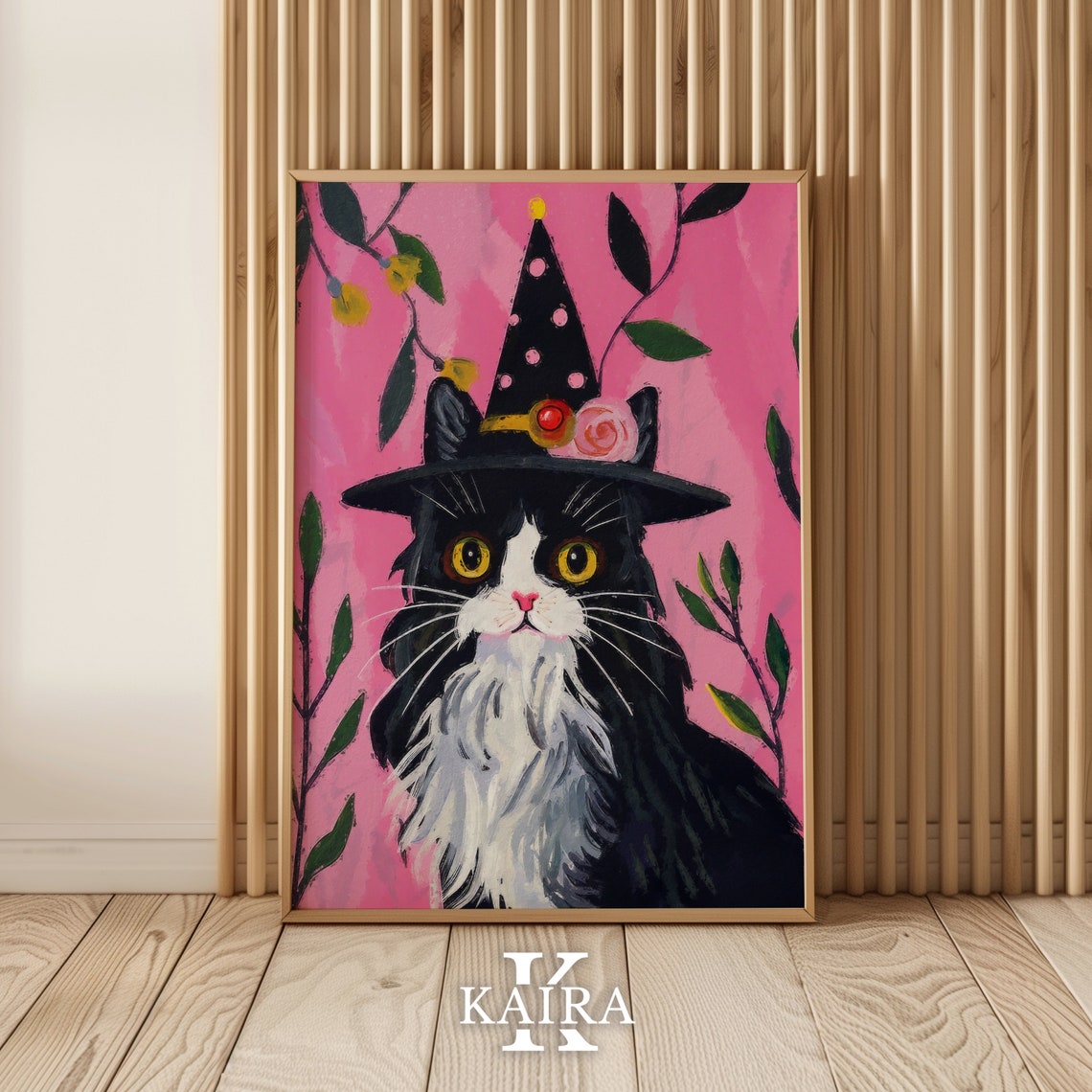 Fluffy Black Cat In Polka Dot Witch Hat With Flowers Pink Art Poster - Image 3
