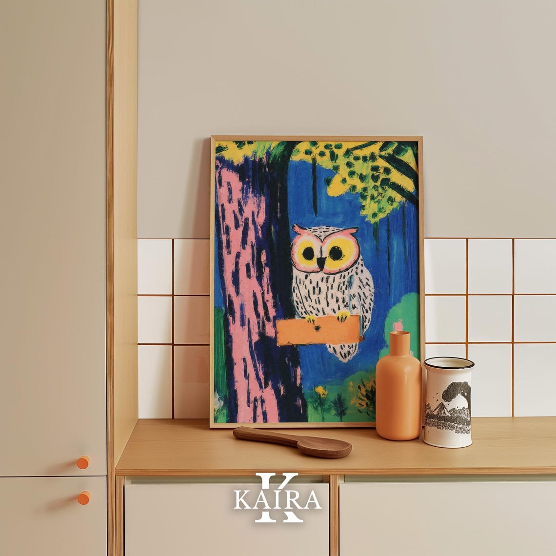 White Owl Perched On A Wooden Sign In A Colorful Forest Poster - Image 5