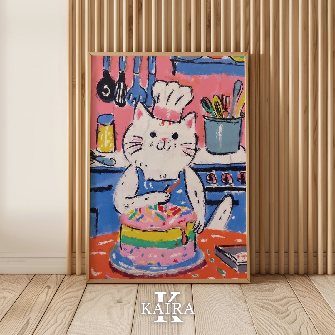 Cheerful White Cat Chef Decorating a Pink Rainbow Cake Poster - Image 2