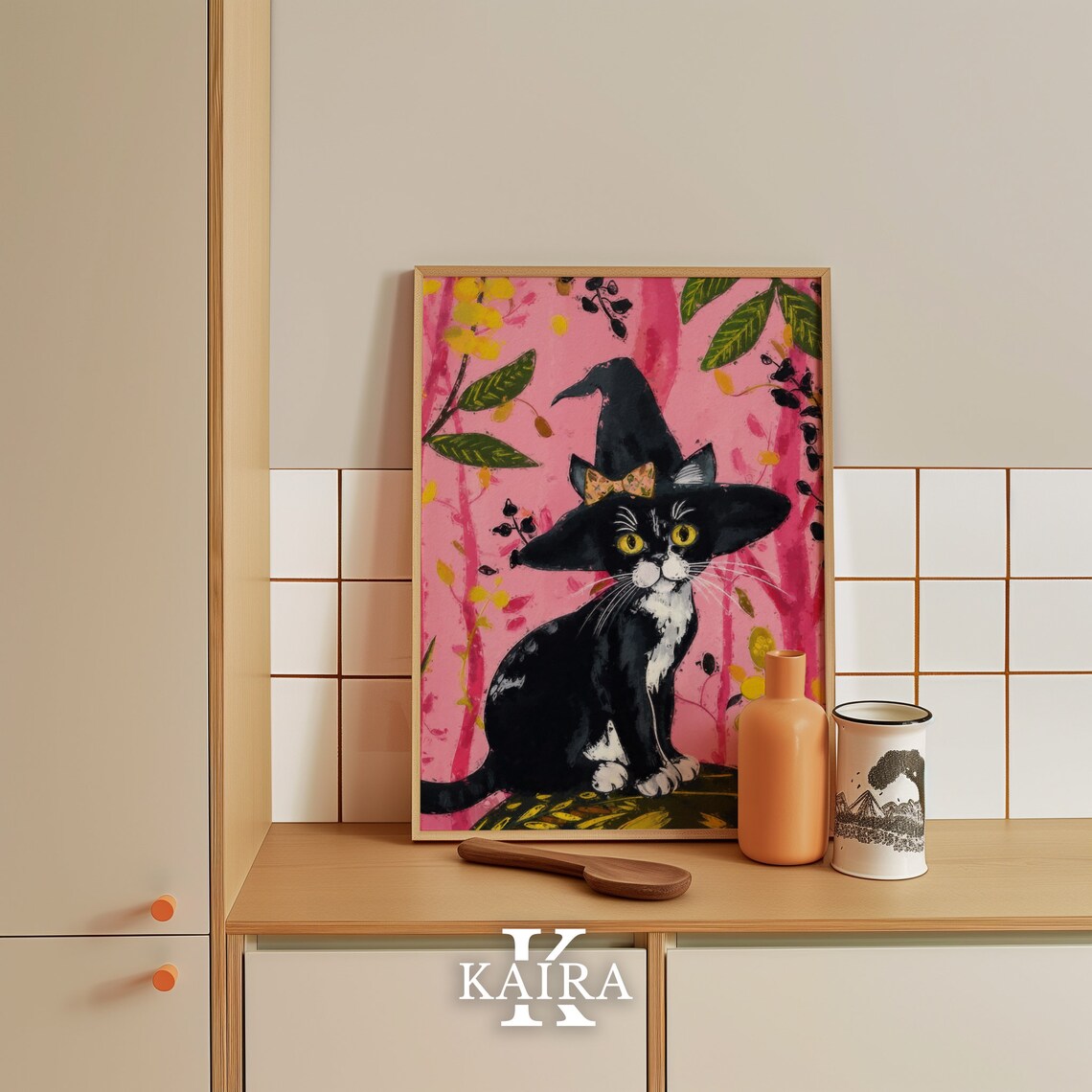 Tuxedo Kitten In Tall Witch Hat Sitting In A Pink Flower Garden Poster - Image 5