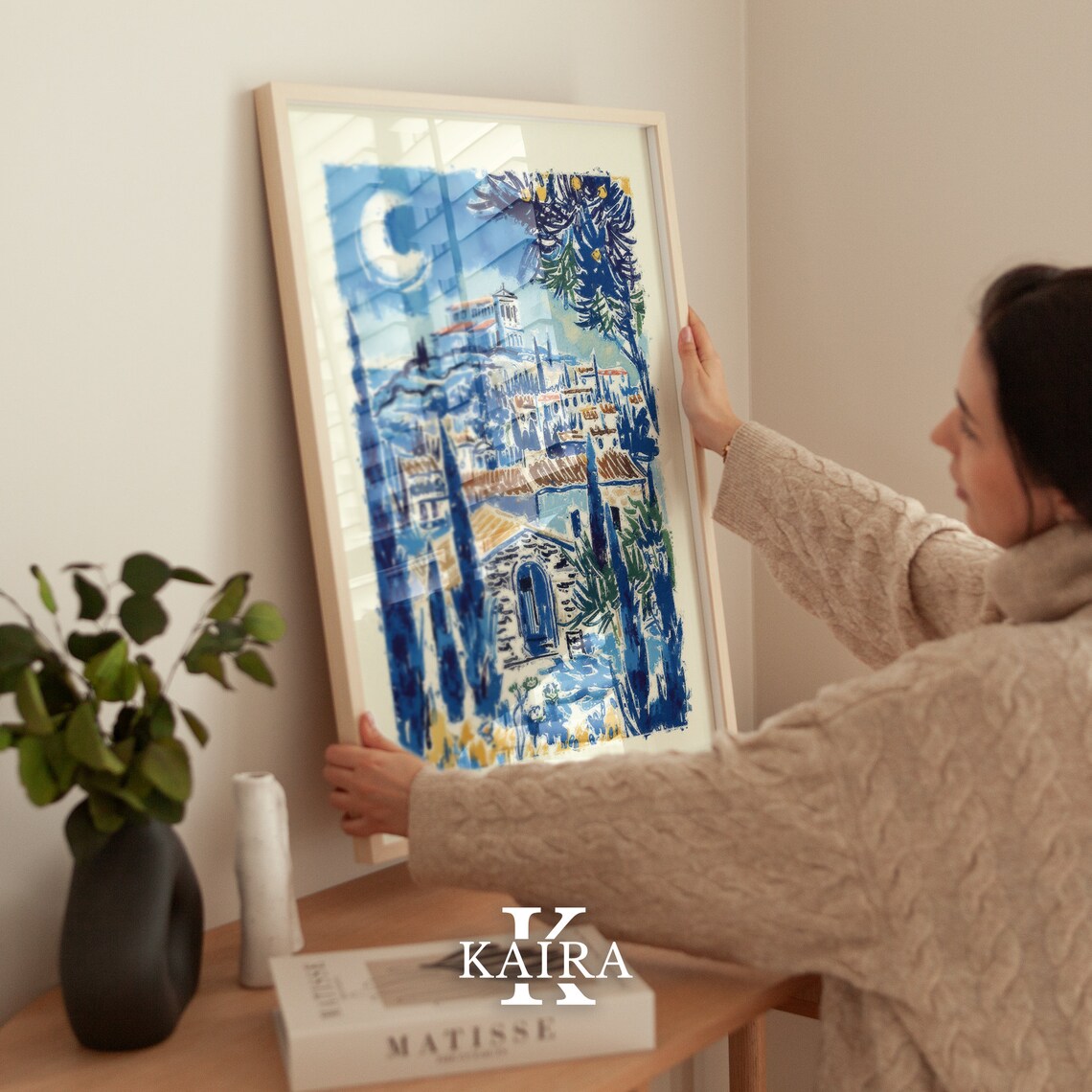 Moonlit Acropolis Above A Greek Village In Blue Watercolor Poster - Image 4