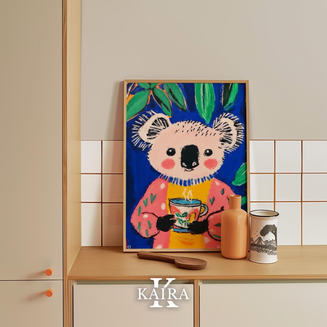 Cozy Koala Sipping Hot Tea in a Pink Knit Sweater at Night Poster - Image 4