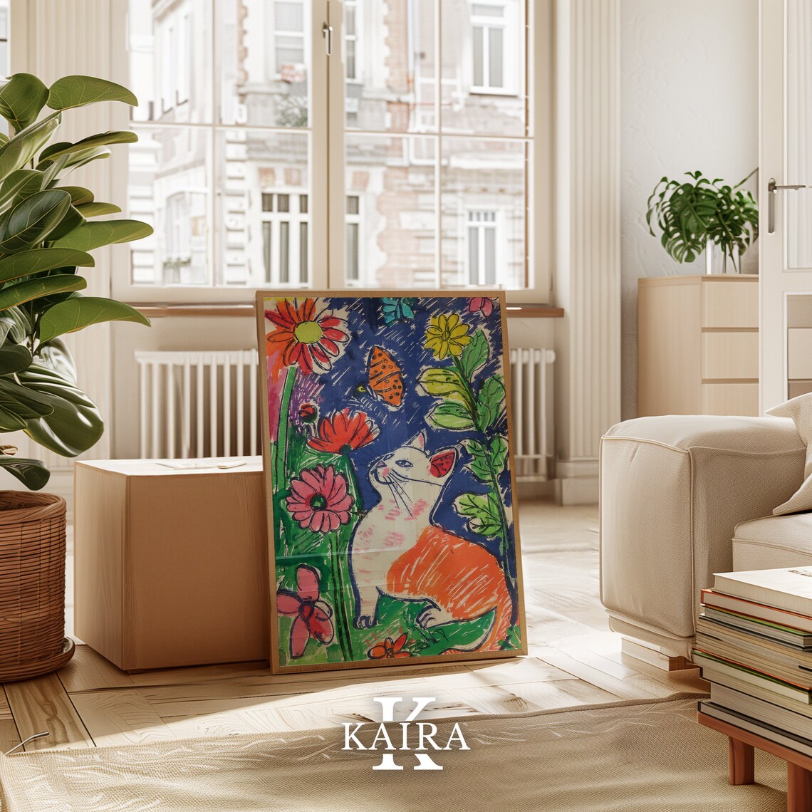White Cat Among Pink Flowers And Butterflies Garden Cat Poster - Image 3