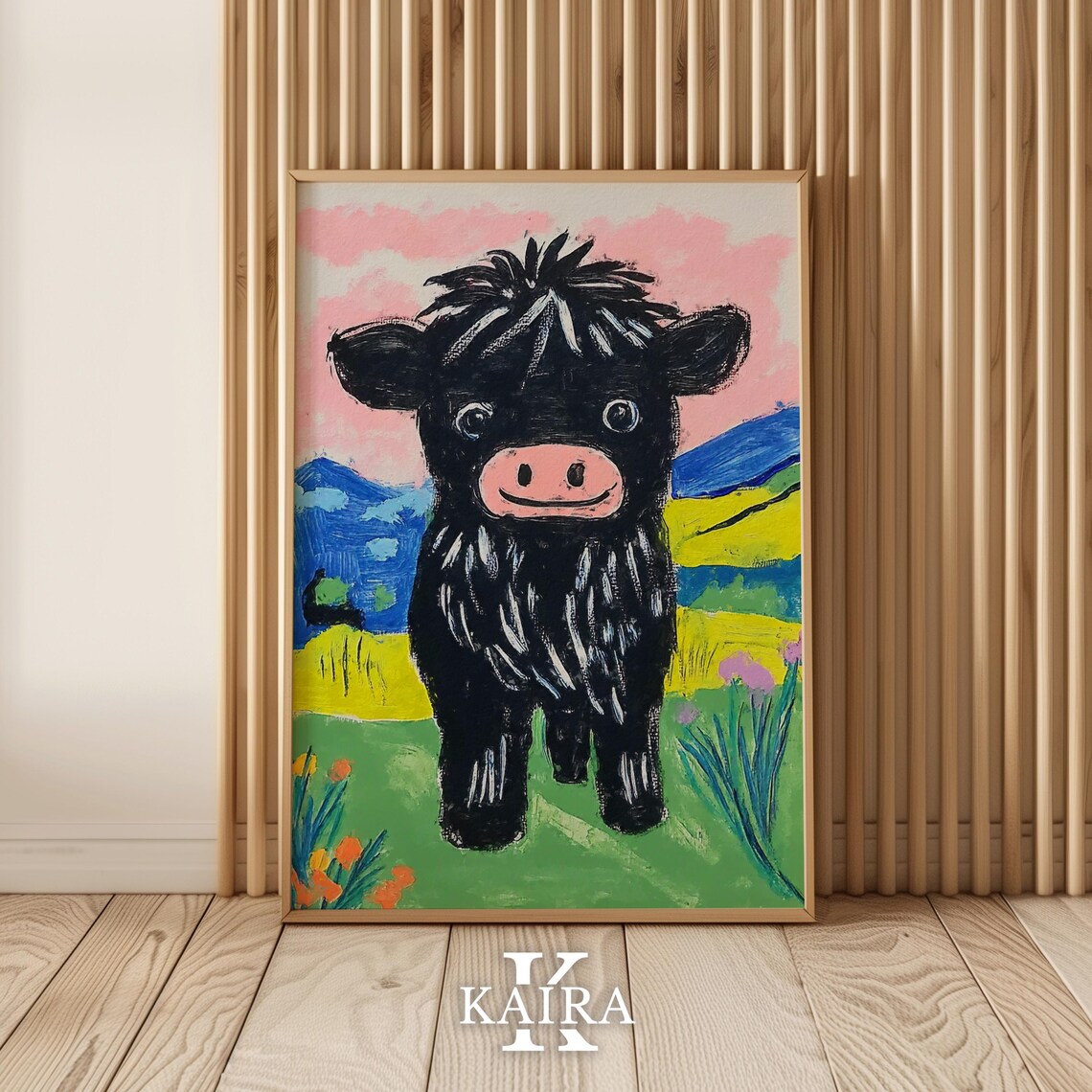 Fluffy Black Highland Cow Calf Under a Pink Cloudy Sky Poster - Image 5