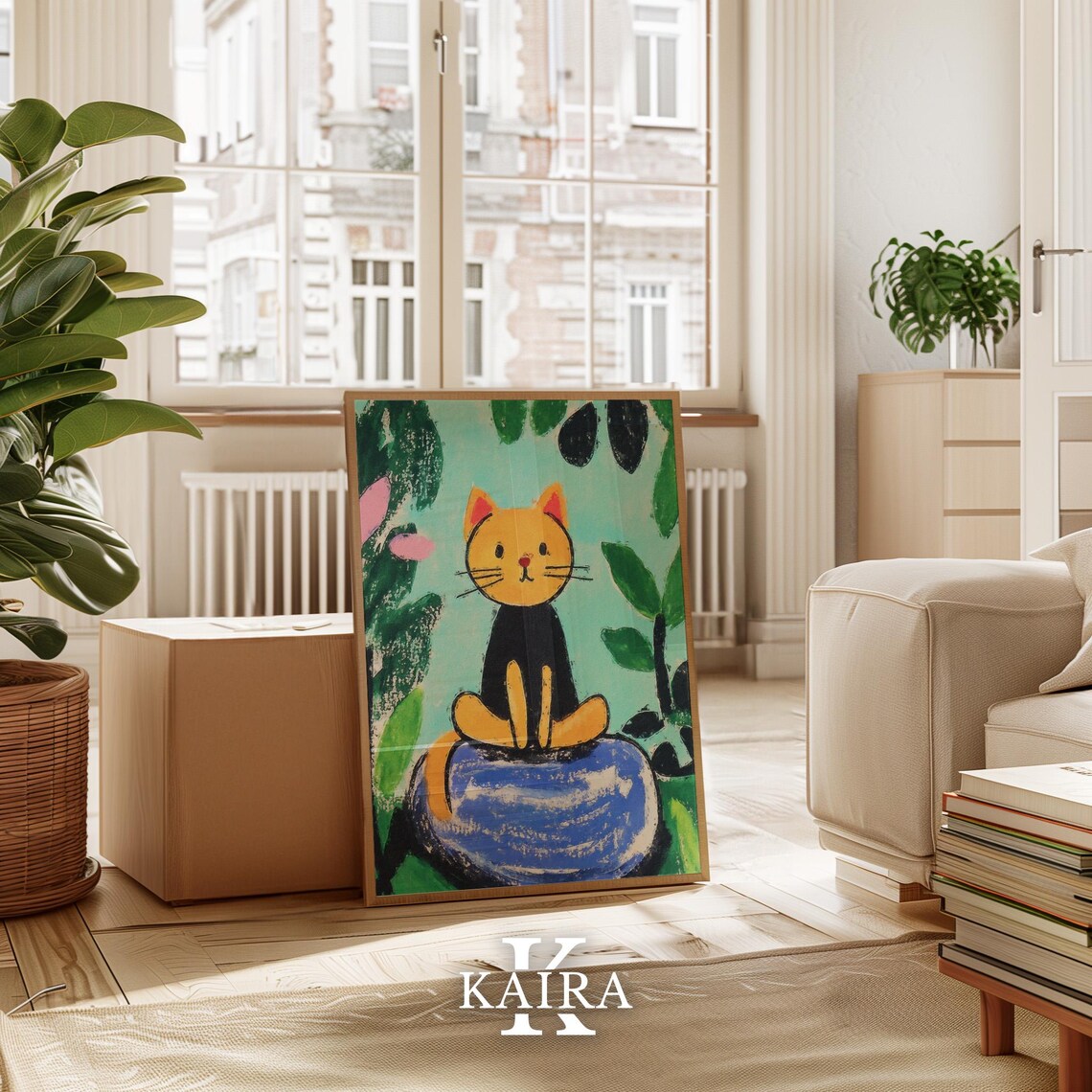 Orange Cat Sitting on a Blue Rock in a Lush Green Garden Poster - Image 3