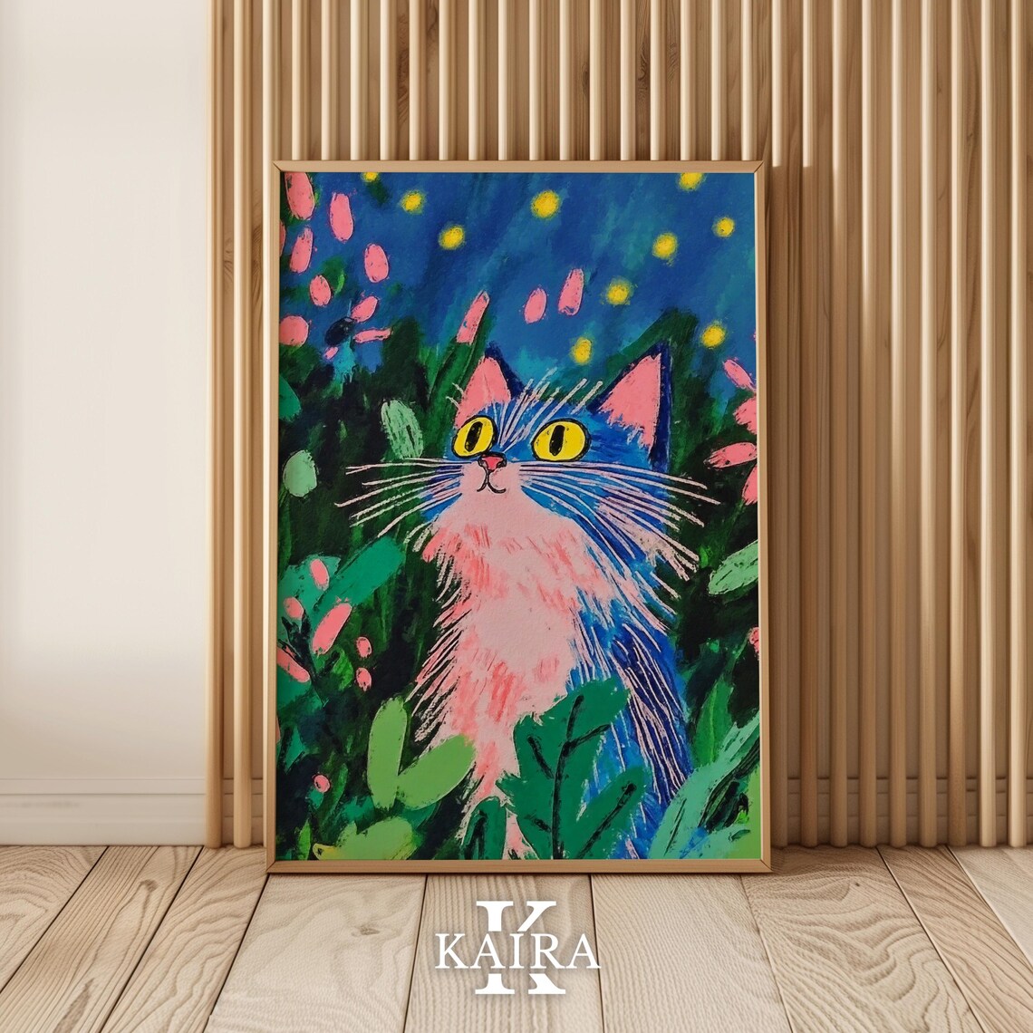 Pink and Blue Cat with Long Whiskers in a Night Garden Poster