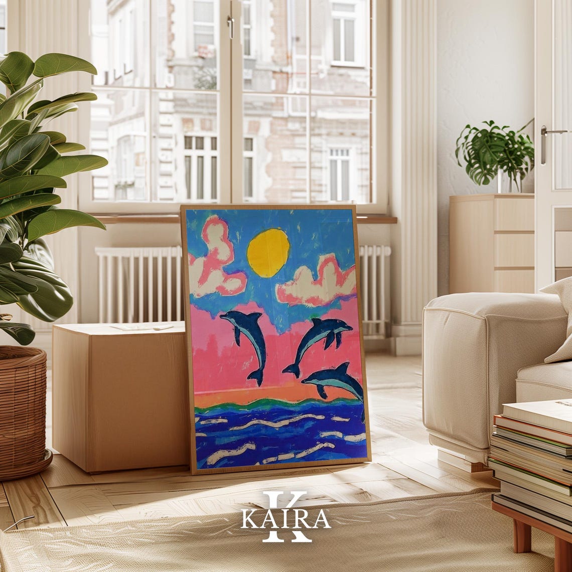 Three Dolphins Leaping Over Ocean Waves Under a Sunset Sky Poster - Image 3