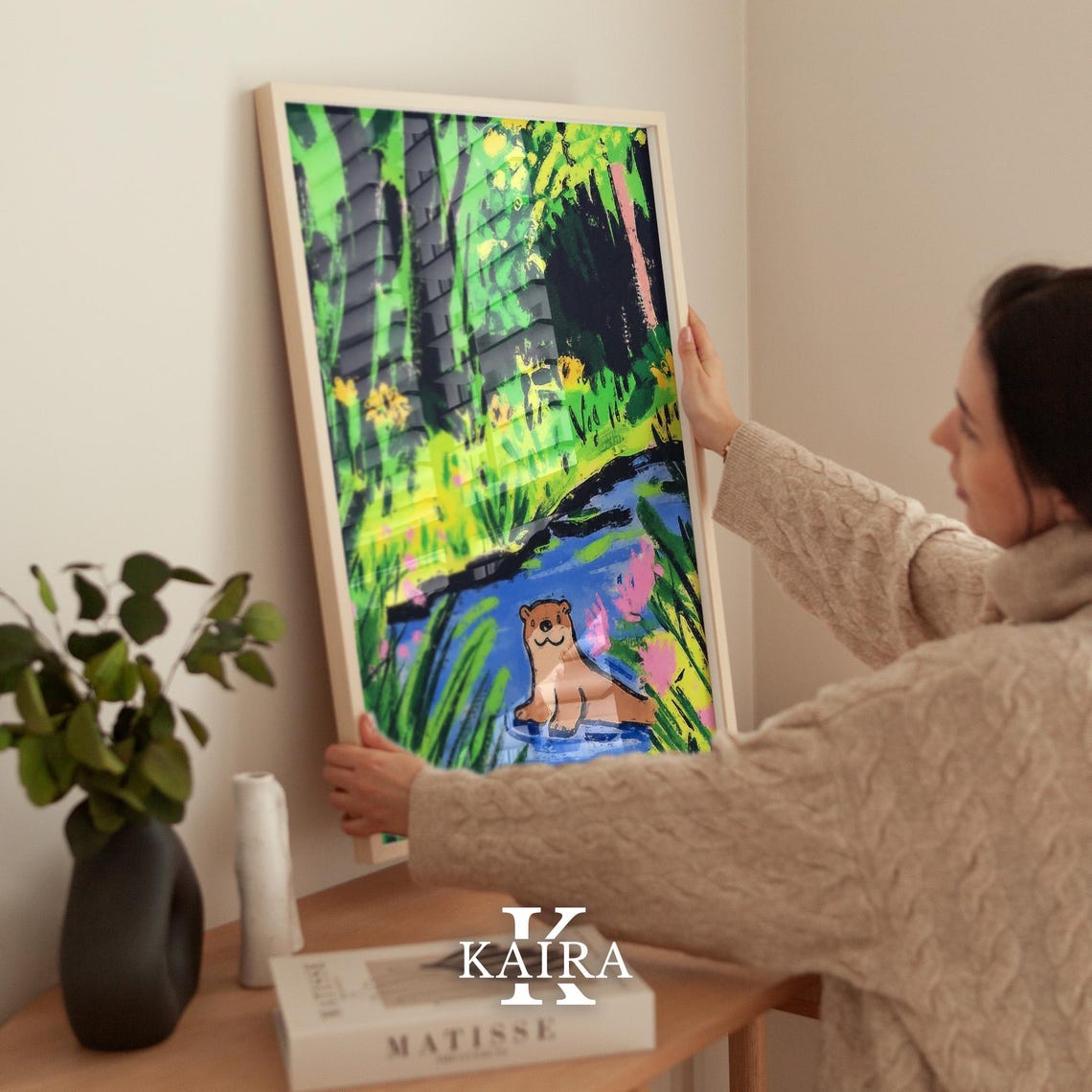 Smiling Otter Floating Peacefully Down a Blue Forest River Poster - Image 2