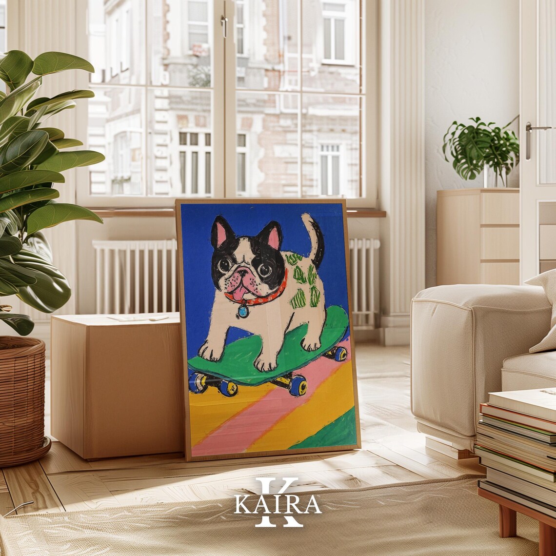 Happy French Bulldog Puppy Riding a Big Green Skateboard Poster - Image 3