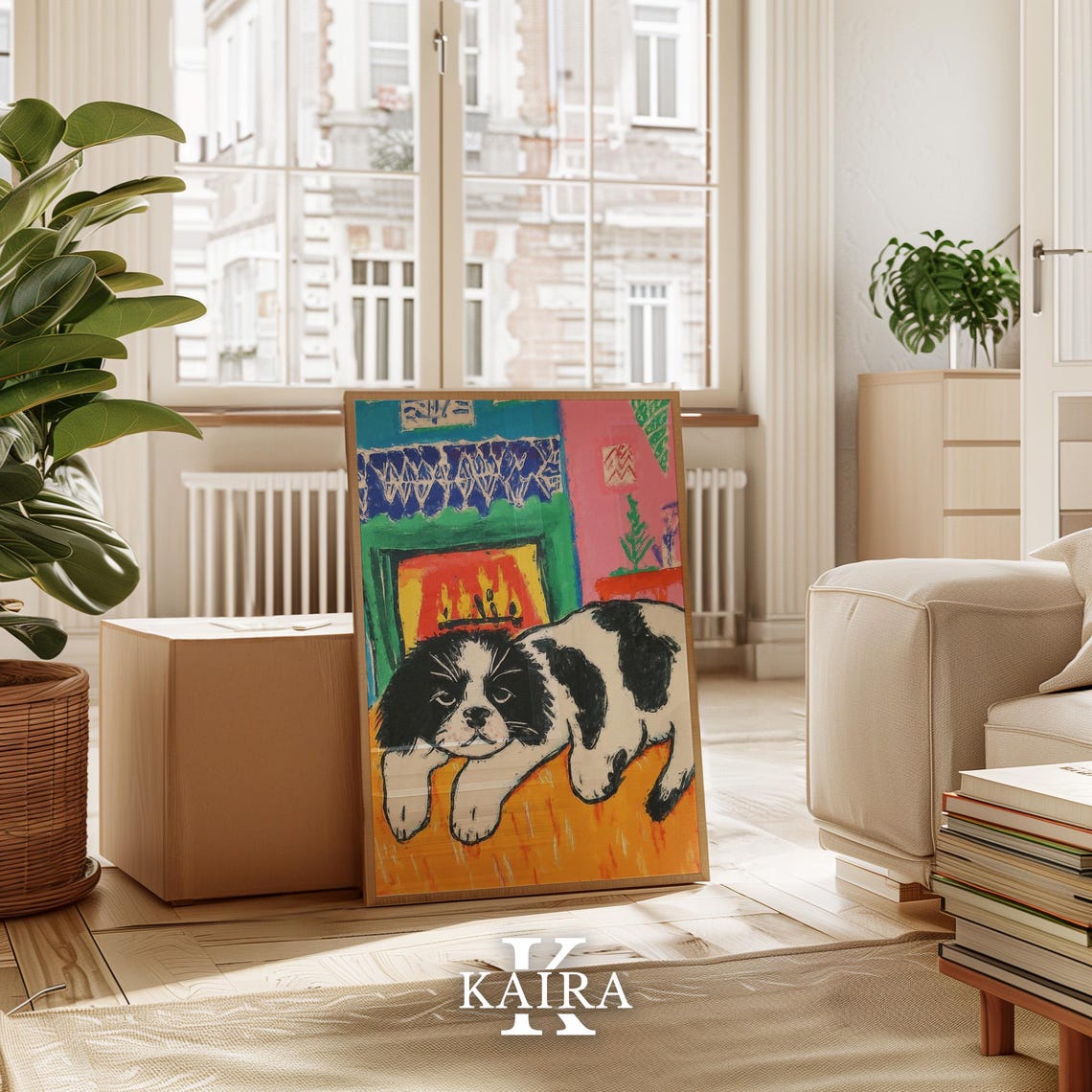 Black and White Puppy Resting by a Warm Crackling Fireplace Poster - Image 3