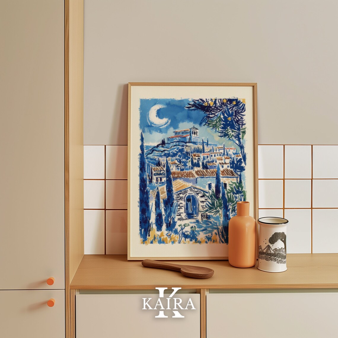 Moonlit Acropolis Above A Greek Village In Blue Watercolor Poster - Image 5