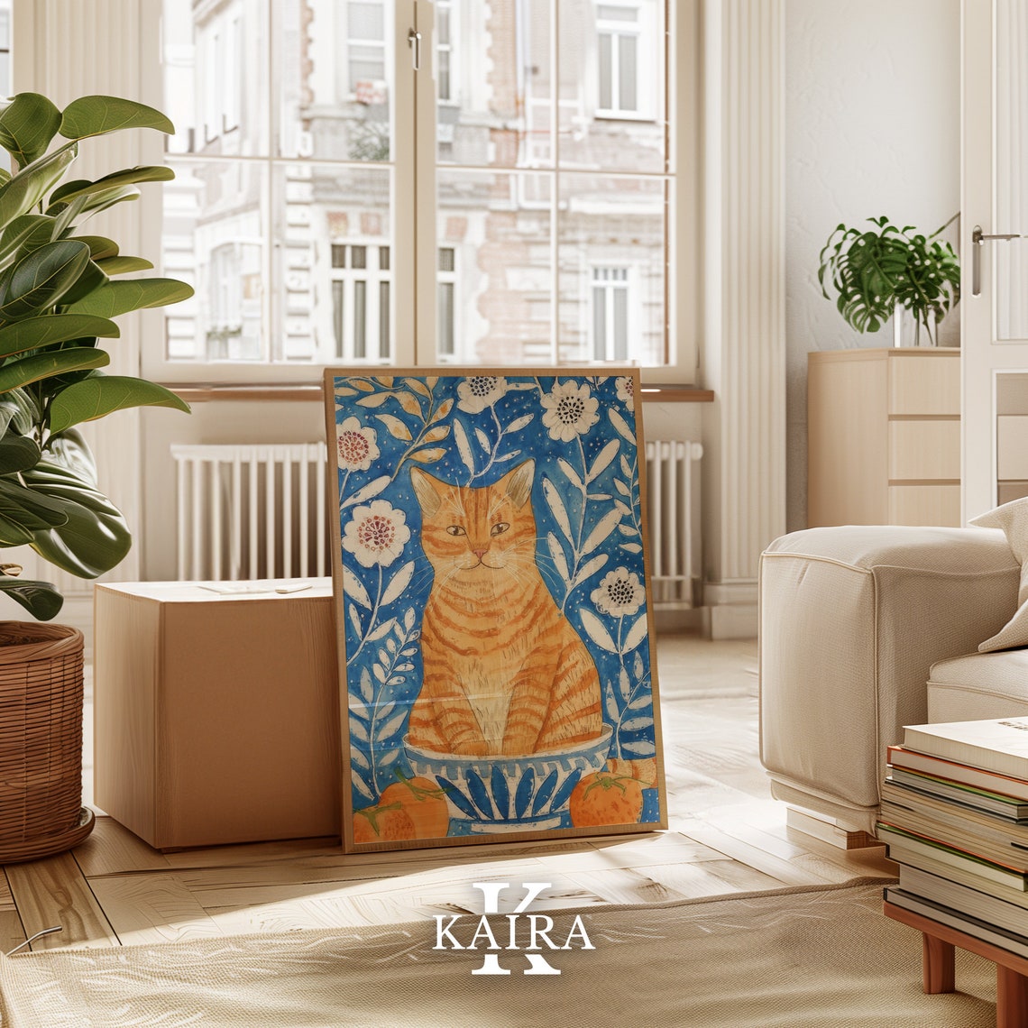 Ginger Tabby Cat On Blue Floral Botanical Background Art Poster - Image 3
