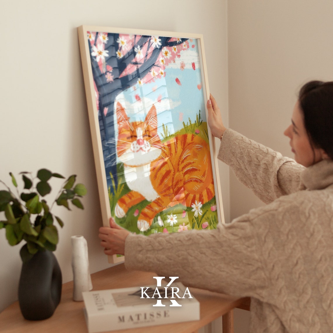 Content Ginger Cat Napping Under Falling Cherry Blossom Petals Poster - Image 3