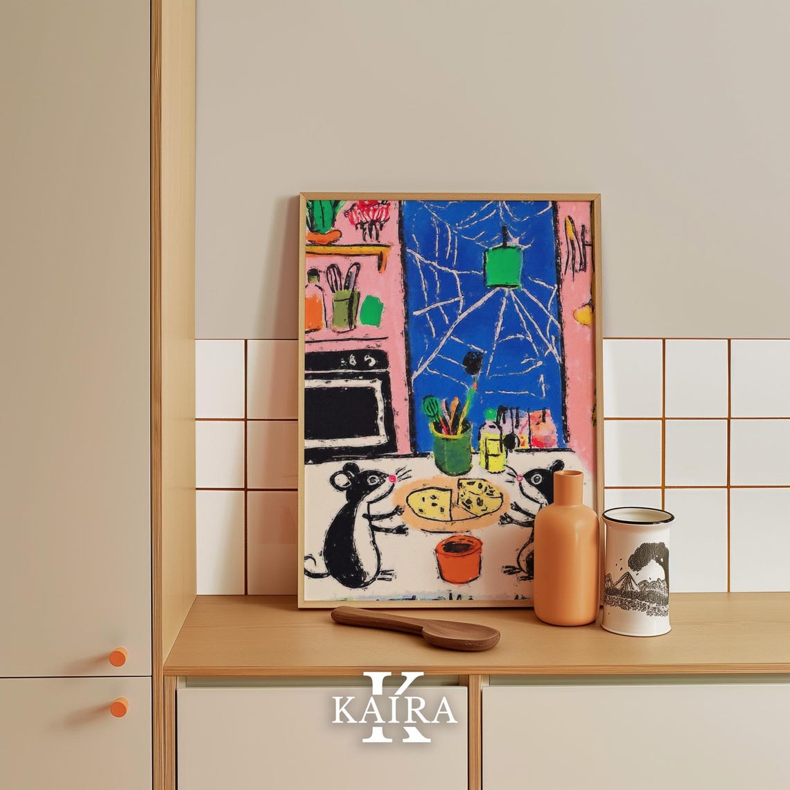 Two Little Mice Sharing Cheese In A Cozy Kitchen At Night Poster - Image 4