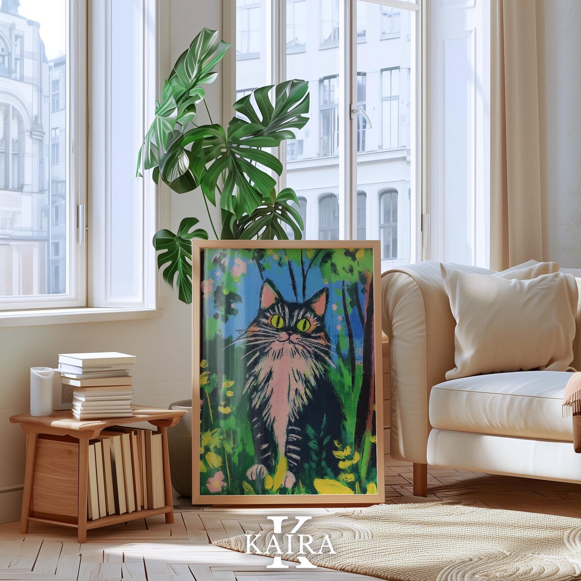 Green-Eyed Tabby Cat Sitting Proudly in a Lush Flower Garden Poster - Image 4