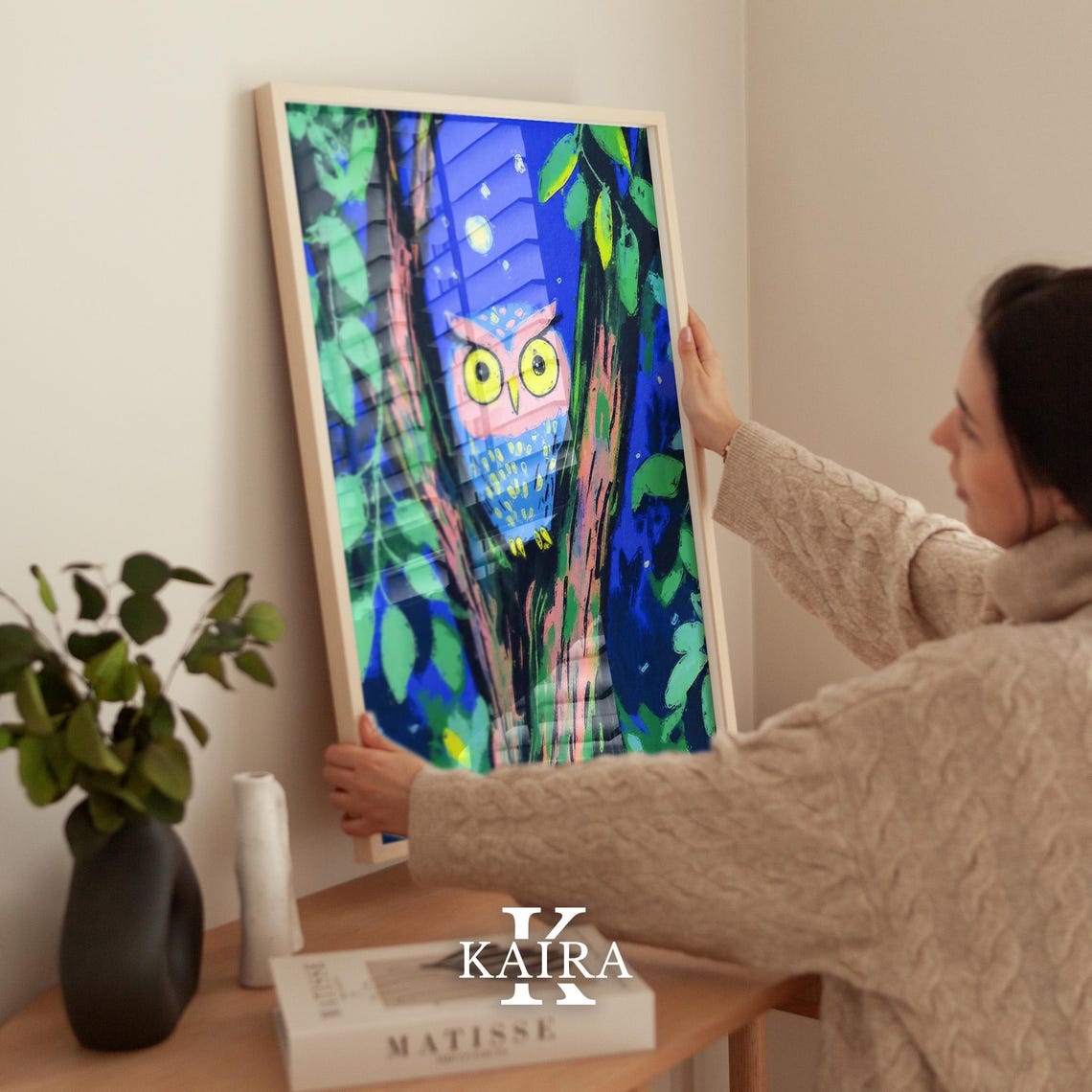 Colorful Owl Perched in a Leafy Tree Under the Night Moon Poster - Image 2