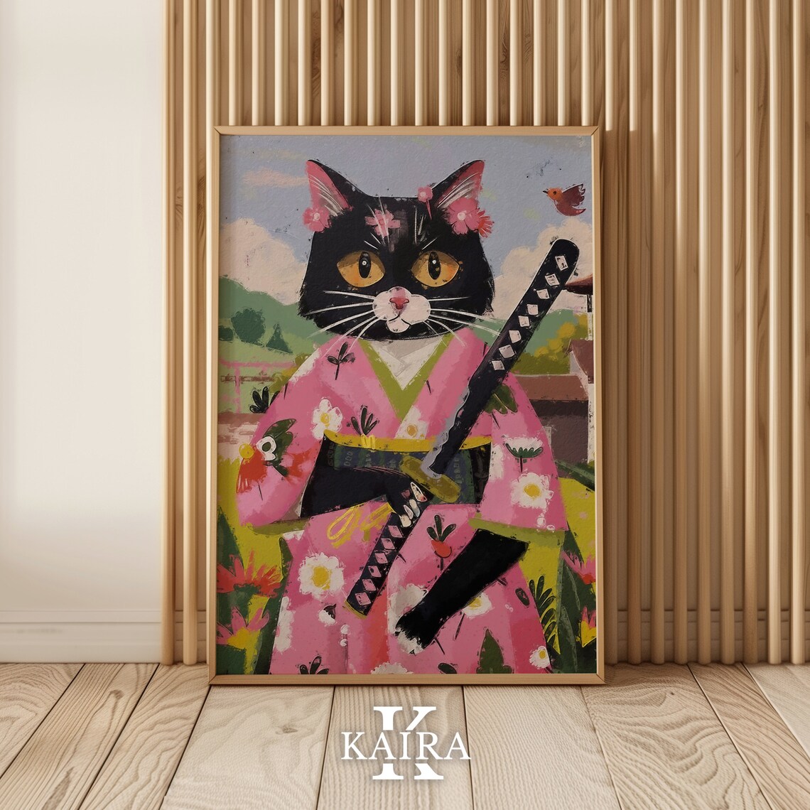 Black Cat Samurai In Pink Floral Kimono Japanese Warrior Art Poster - Image 2