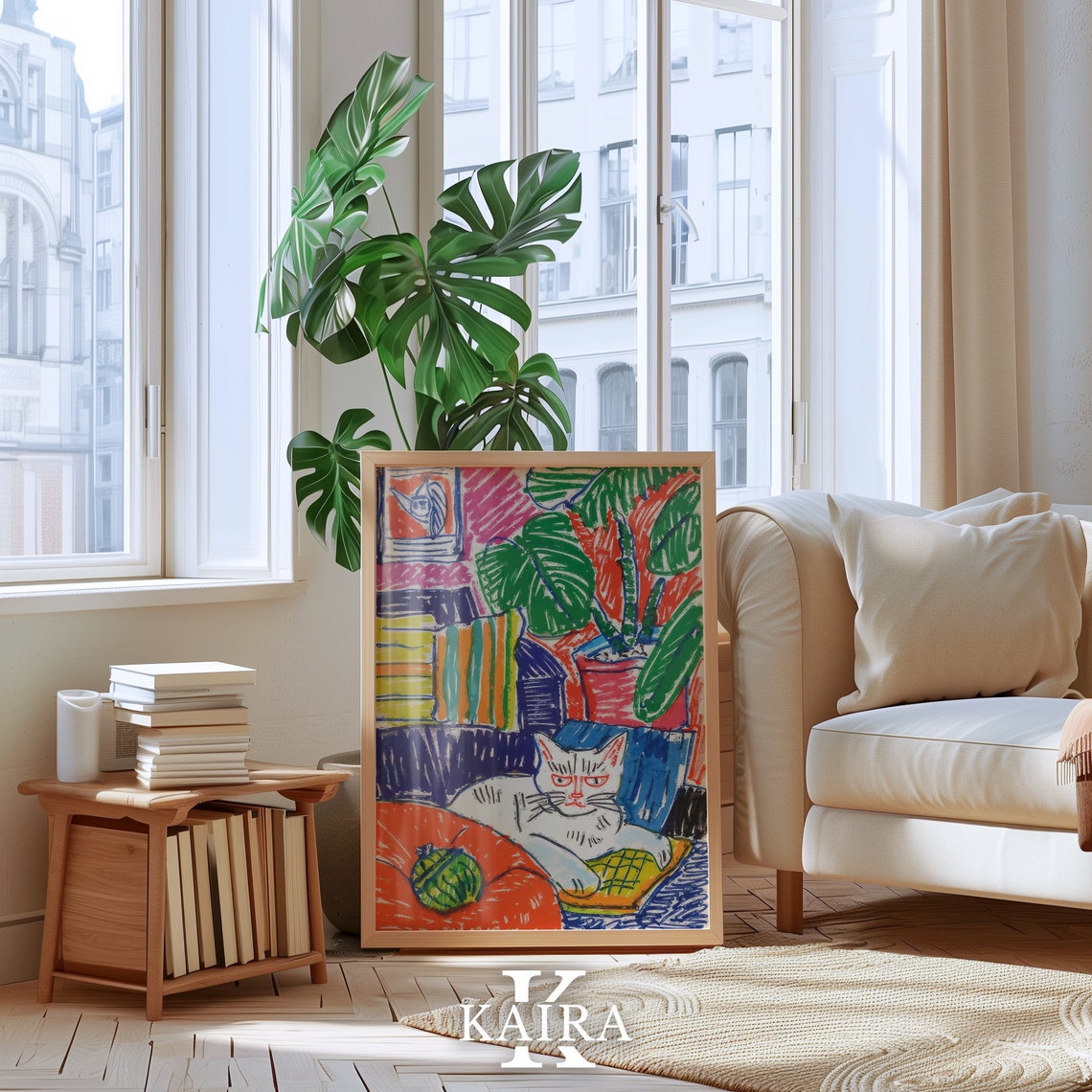 White Cat Lounging With Yarn Ball On Colorful Couch Cozy Cat Poster - Image 4
