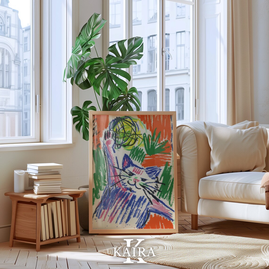 Playful Cat Reaching For Ball Colorful Abstract Art Cat Poster - Image 3