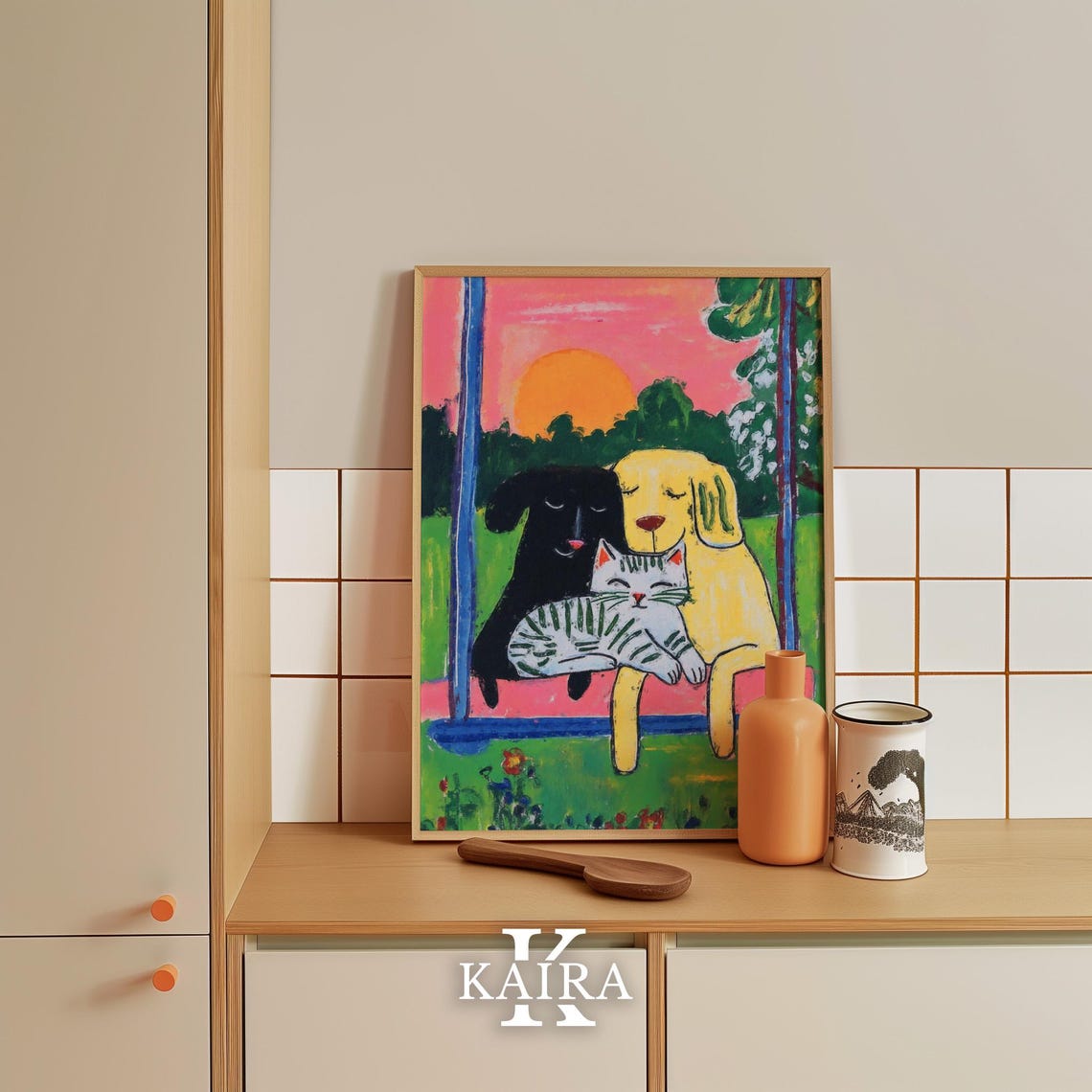 Two Dogs and a Tabby Cat Sitting Together on a Swing at Sunset Poster - Image 5