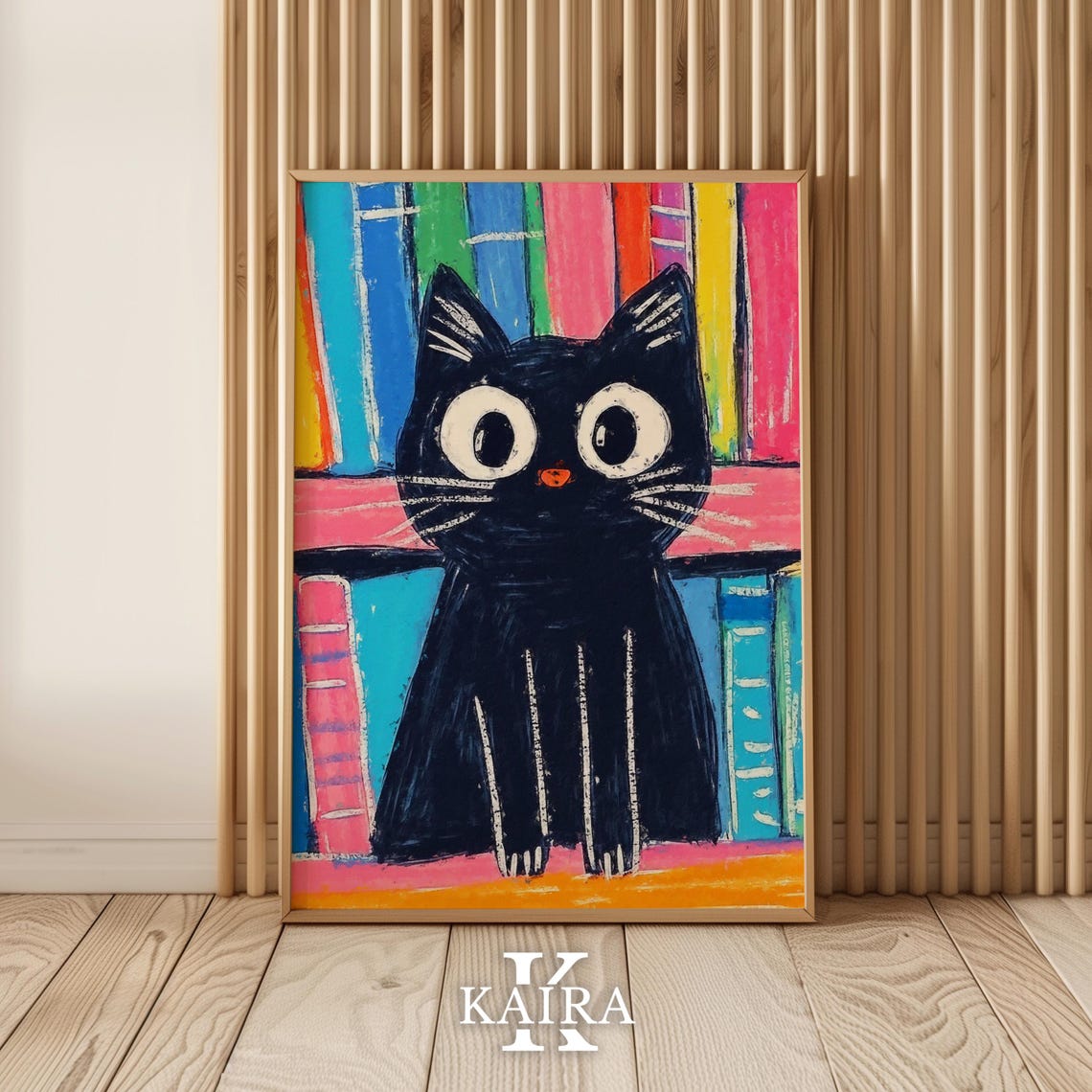 Big-Eyed Black Kitten Sitting by a Colorful Bookshelf Poster - Image 5