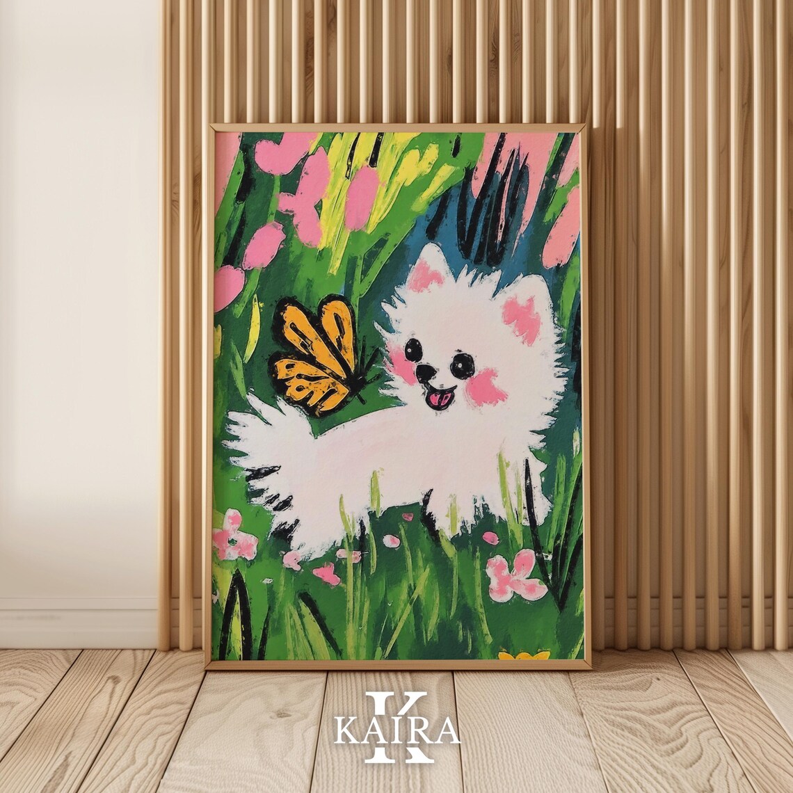 Smiling White Puppy Chasing A Yellow Butterfly In The Garden Poster - Image 5