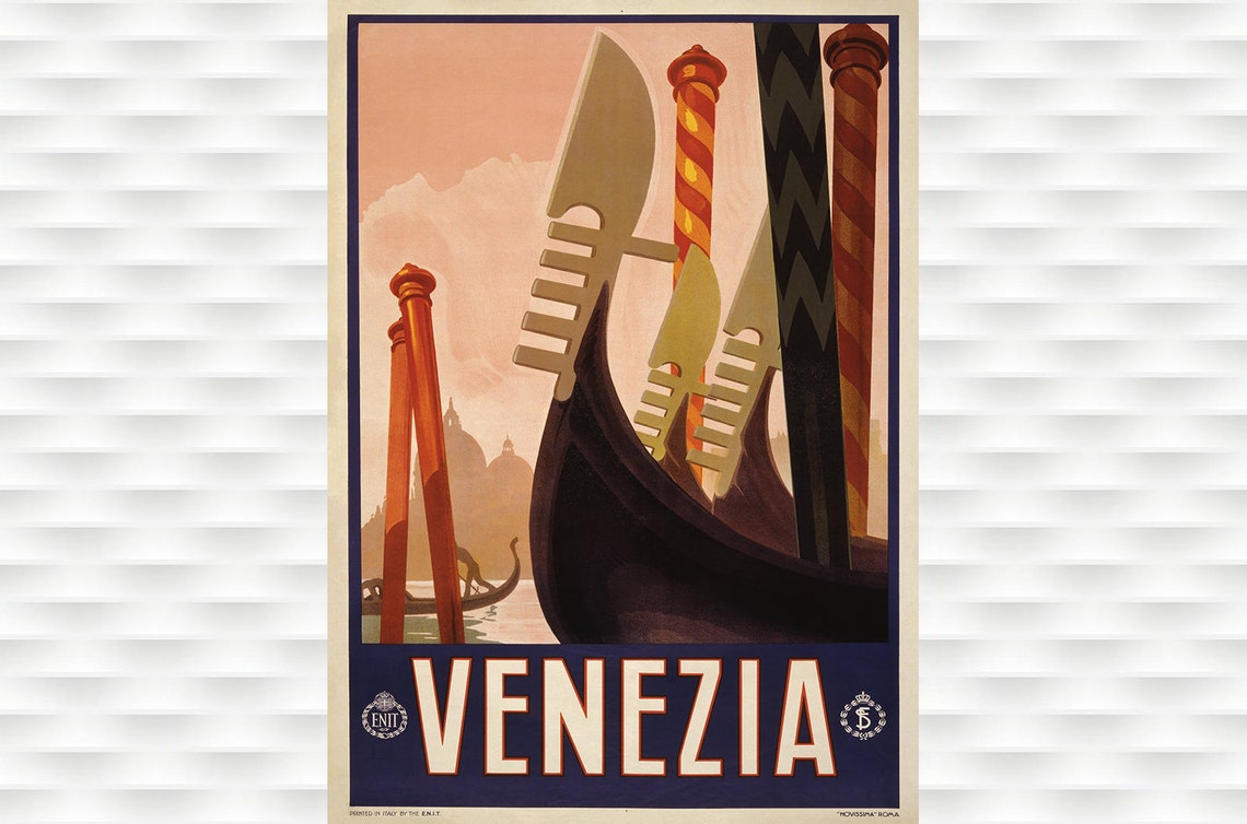 Venezia Italy Venice Gondolas Sunset Vintage ENIT Travel Poster