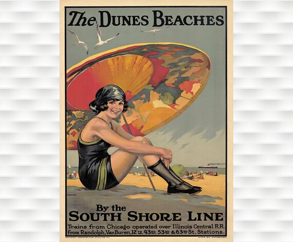 The Dunes Beaches South Shore Line Vintage Bathing Beauty Poster