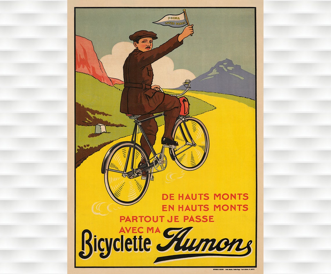 Aumons Bicycle Yellow Mountain Climb French Vintage Ad Poster
