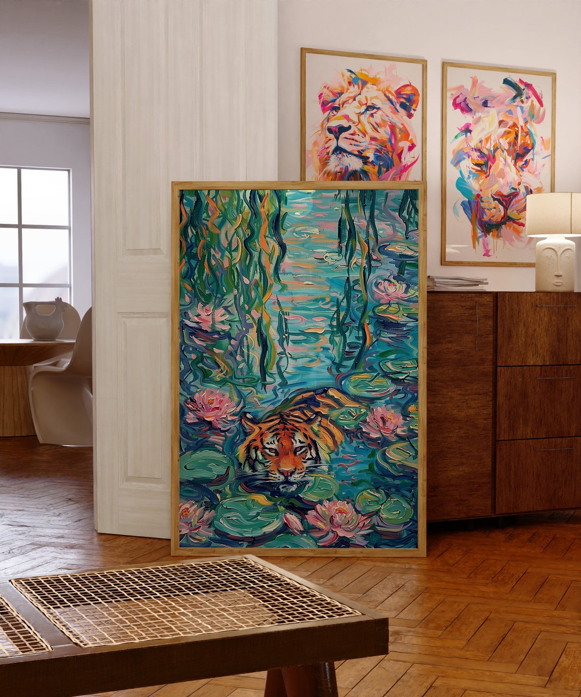Tiger Peeking from Lily Pond Colorful Impressionist Art Poster
