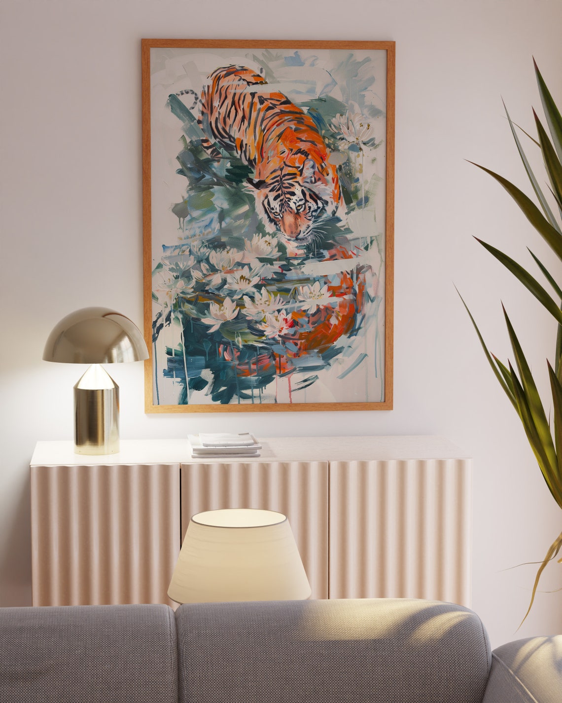 Leaping Tiger Splashing into Water Lily Pond Maximalist Art Poster - Image 3
