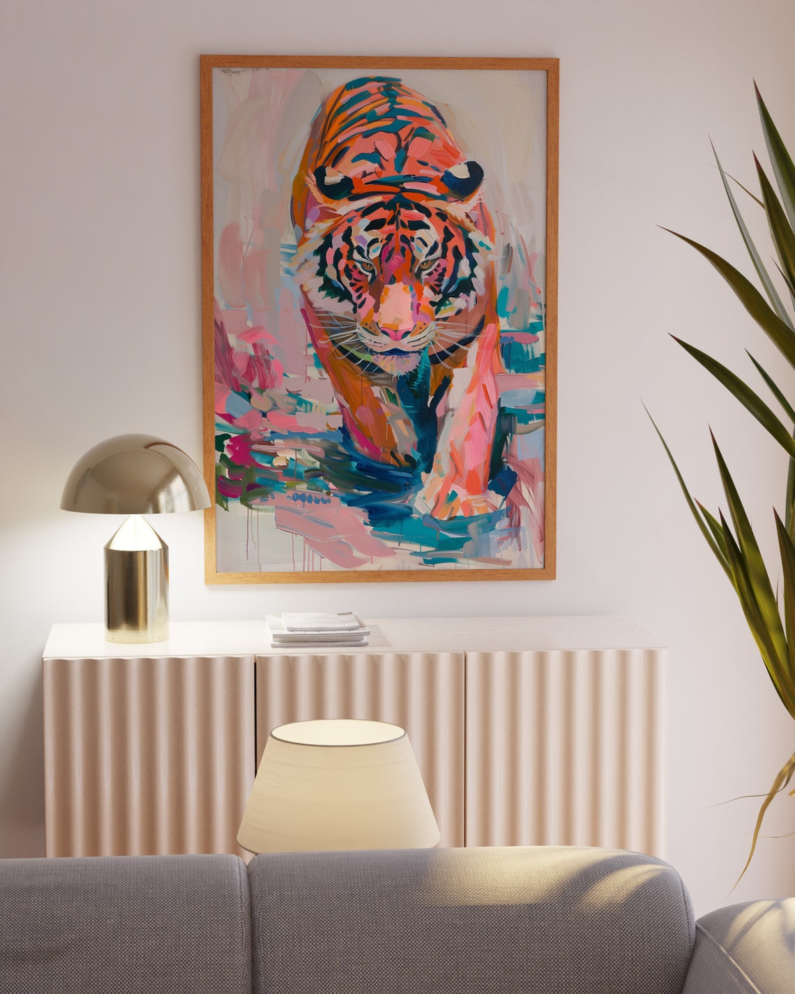 Pastel Abstract Tiger Striding Forward Vibrant Brushwork Poster - Image 2