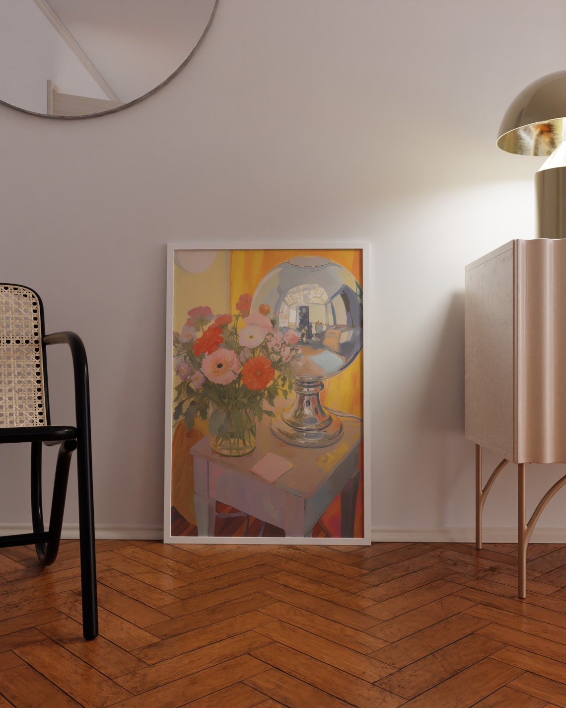 Disco Ball And Flower Bouquet Sunny Tabletop Scene Art Poster - Image 3