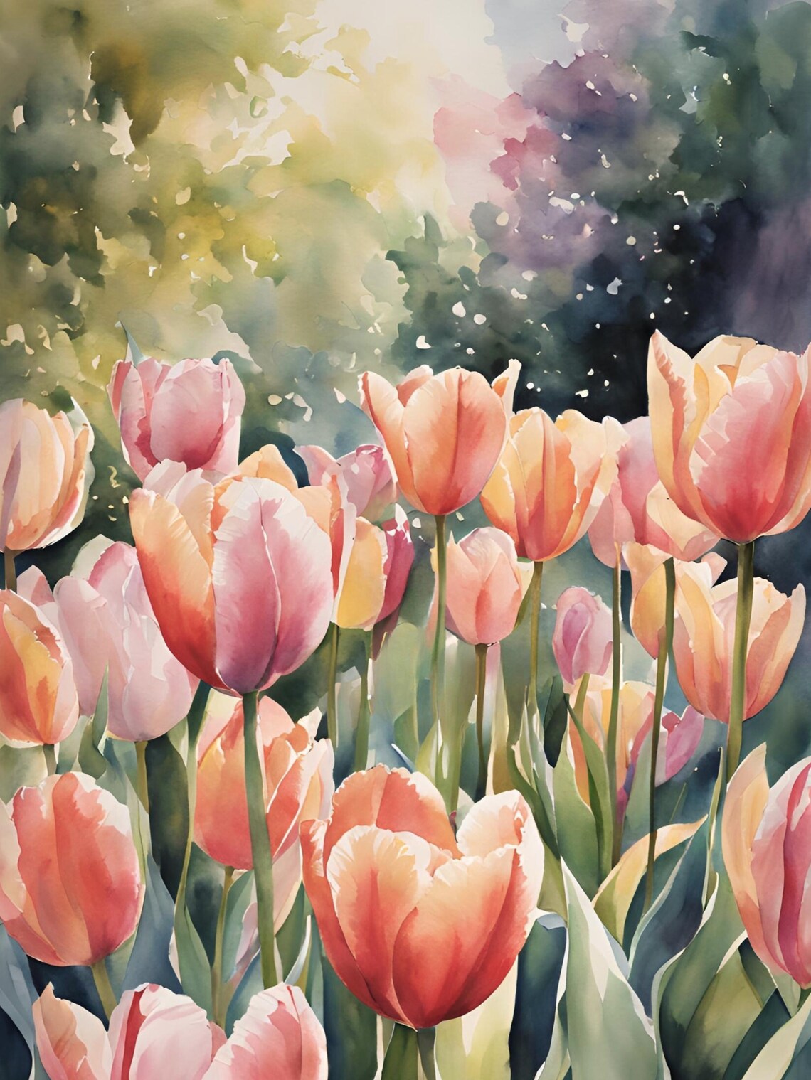 Tulip Meadow Watercolor Landscape Art Print