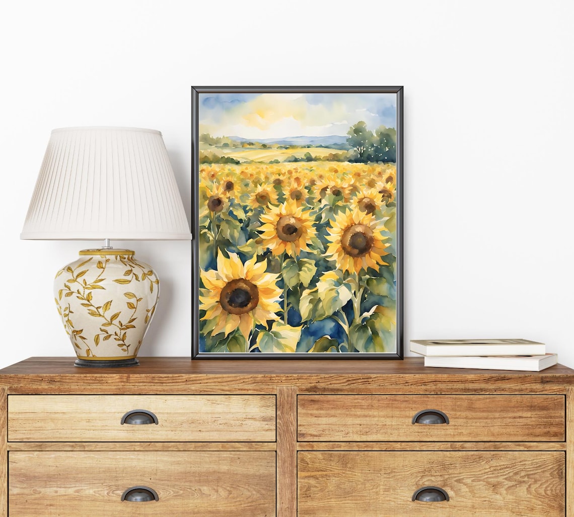 Sunflower Field Watercolor Landscape Art Print