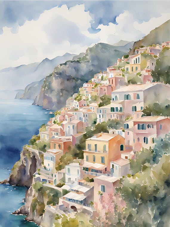 Positano Coast Italy Watercolor Travel Poster